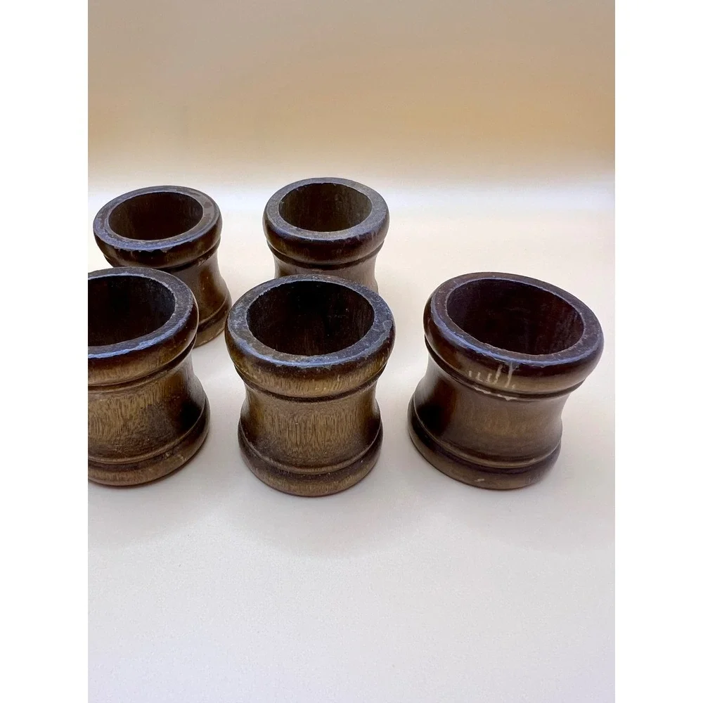 Vintage Dark Wood Napkin Rings Set of 8 Spool Hourglass Shape Brown Rustic Decor
